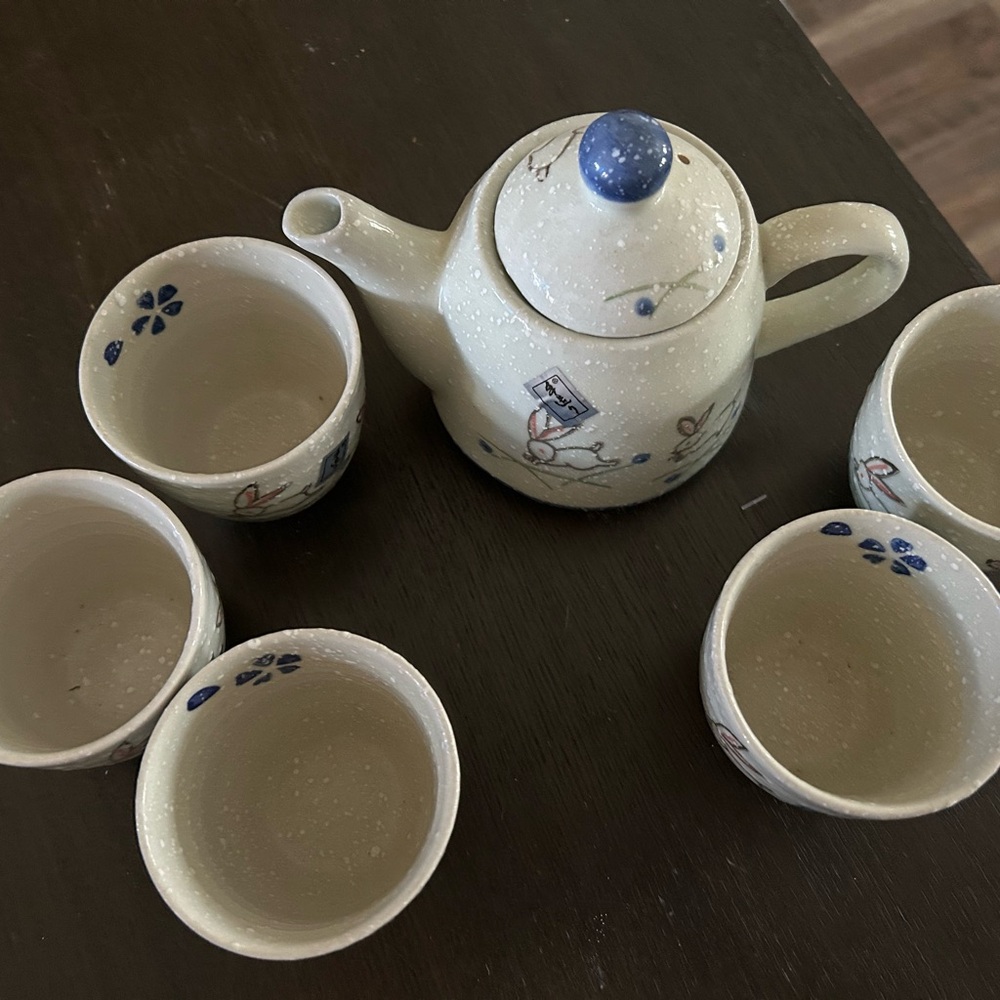 Whimsical Rabbit Ceramic Tea Set - Cream and Blue - Picture 10 of 11